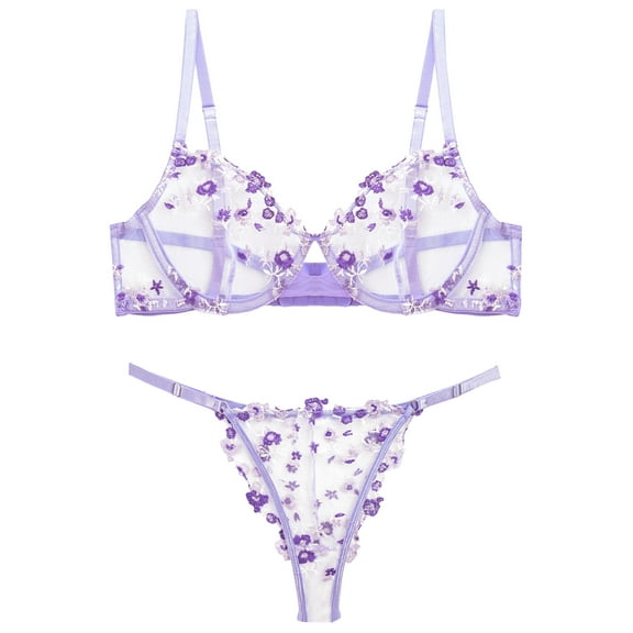 Ausing Womens Lace Bralettes Mesh V Neck Bra and Panty Sets Push Up Breathable Strappy Matching Underwear and Bra Floral Embroidered 2 Piece Purple XL