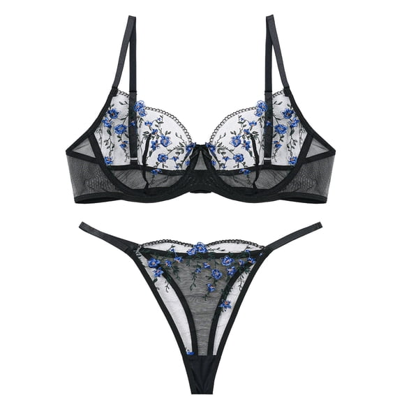Ausing Womens Lace Bralettes Mesh V Neck Bra and Panty Sets Push Up Breathable Strappy Matching Underwear and Bra Floral Embroidered 2 Piece Black XL