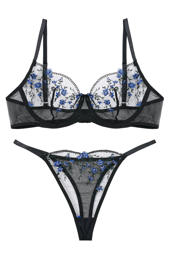 Womens Lace Bralettes Mesh V Neck Bra and Panty Sets Push Up Breathable Strappy Matching Underwear and Bra Floral Embroidered 2 Piece Black XL