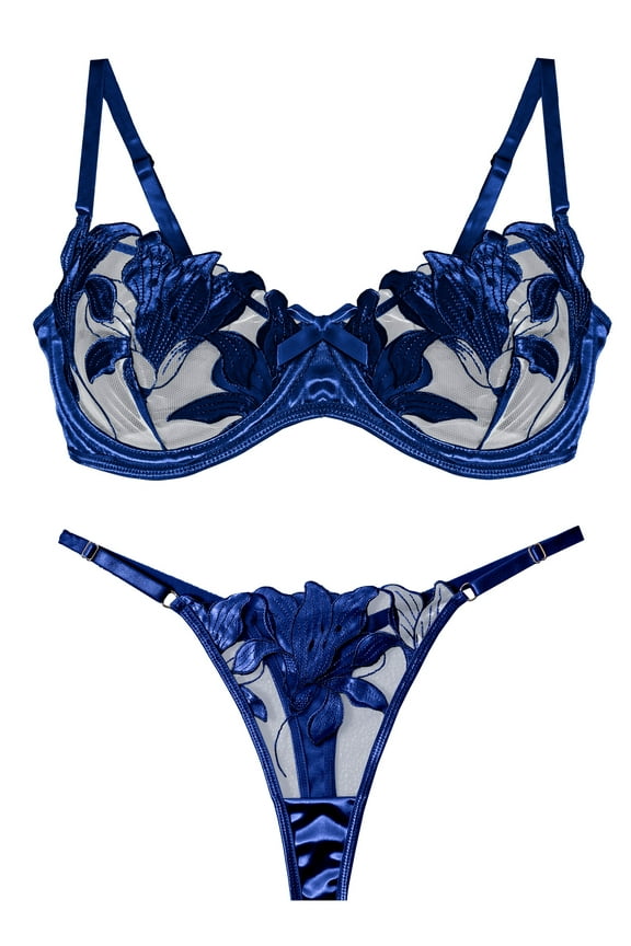 Womens Lace Bralettes Mesh V Neck Bra and Panty Sets Push Up Breathable Strappy Matching Underwear and Bra Floral Embroidered 2 Piece Blue XL