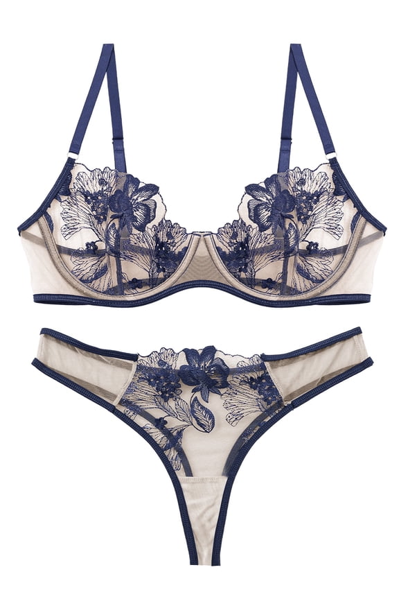 Womens Lace Bralettes Mesh V Neck Bra and Panty Sets Push Up Breathable Strappy Matching Underwear and Bra Floral Embroidered 2 Piece Blue XL