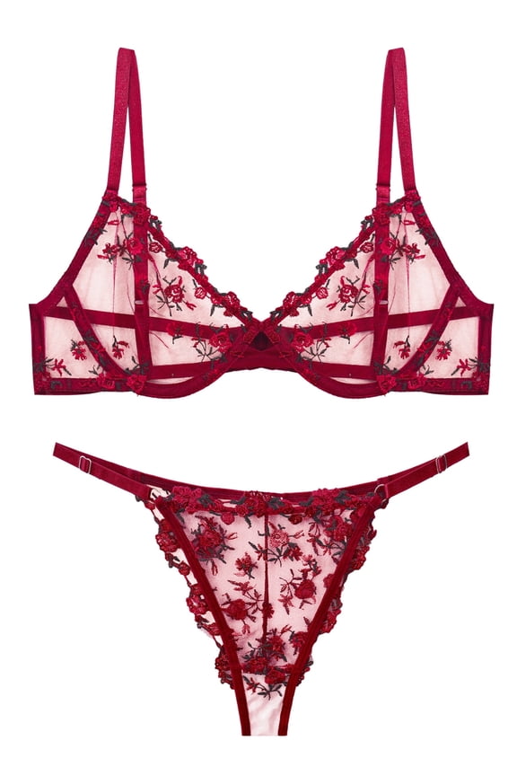 Womens Lace Bralettes Mesh V Neck Bra and Panty Sets Push Up Breathable Strappy Matching Underwear and Bra Floral Embroidered 2 Piece Red XL
