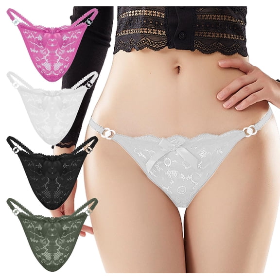 Ausing Womens Lace G-String T-back Breathable Low Waist Panties Elastic Waistband Underwear 4pc White+Fuchsia+Dark Blue+Black L