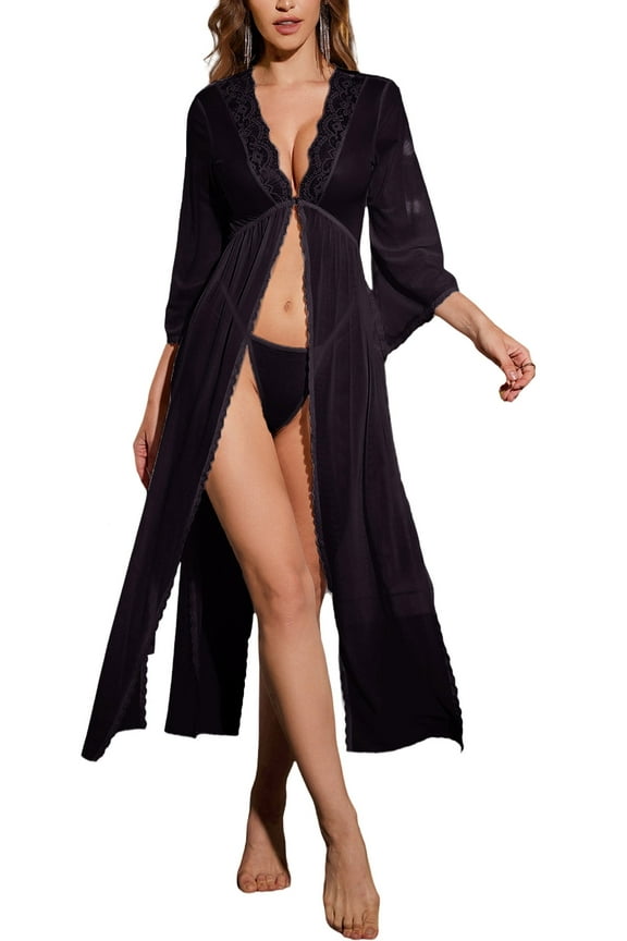 Womens Lace Kimono Robe Babydoll Lingerie Set Mesh Cover Up Nightdress Open Front Coats Lightweight Split See Through Nightgown with Panty 2pc Black S