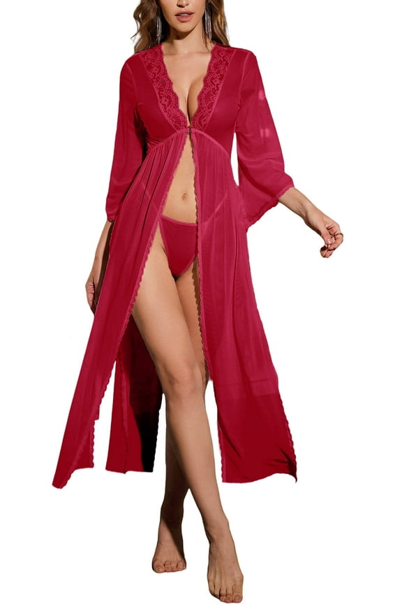 Womens Lace Kimono Robe Lingerie Set Mesh See Through Cover Up with Panty Split Open Front Coats Lightweight Nightdress Nightgown 2pc Red XL