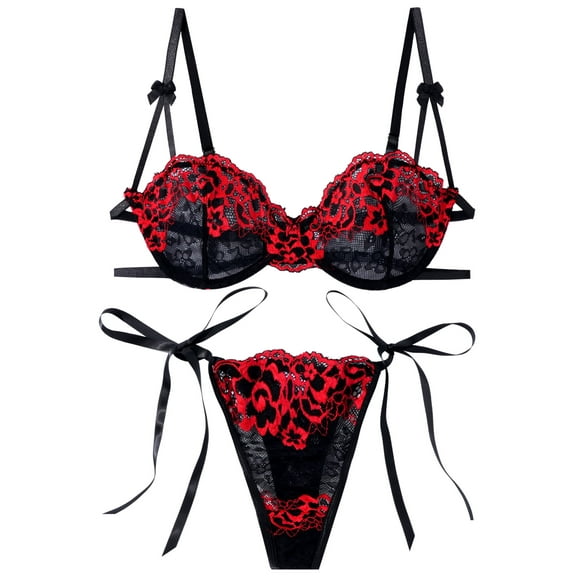 Ausing Womens Lingerie Lace Mesh Matching Bra and Panty Sets Floral Embroidery See Through Underwear Push Up Adjustable Straps Babydoll Suit 2 Piece Red S