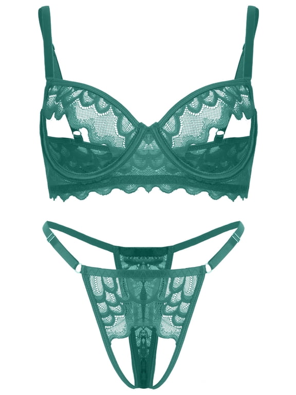 Womens Lingerie Lace Mesh Matching Bra and Panty Sets Floral Embroidery See Through Underwear Push Up Hollow Out Adjustable Straps Hollow Out Babydoll Suit 2 Piece Green S