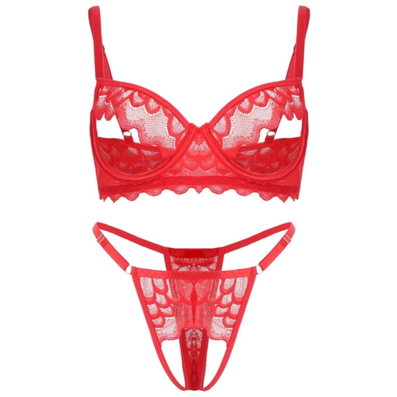 Ausing Womens Lingerie Lace Mesh Matching Bra and Panty Sets Floral Embroidery See Through Underwear Push Up Hollow Out Adjustable Straps Hollow Out Babydoll Suit 2 Piece Red S