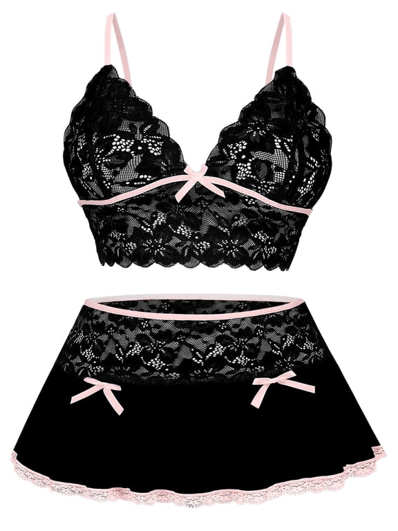 Womens Lingerie Set Floral Lace Bra Mini Skirt Mesh Bow Babydoll High Waist Outfits 2 Piece Black XL for Valentine's Day Birthday Gifts