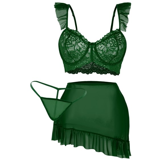 Ausing Womens Lingerie Set Lace Bra and Panty Bodycon Mini Skirts Crop Top Mesh Babydoll Chemise Sleepwear Ruffle Hem 3 Piece Green S