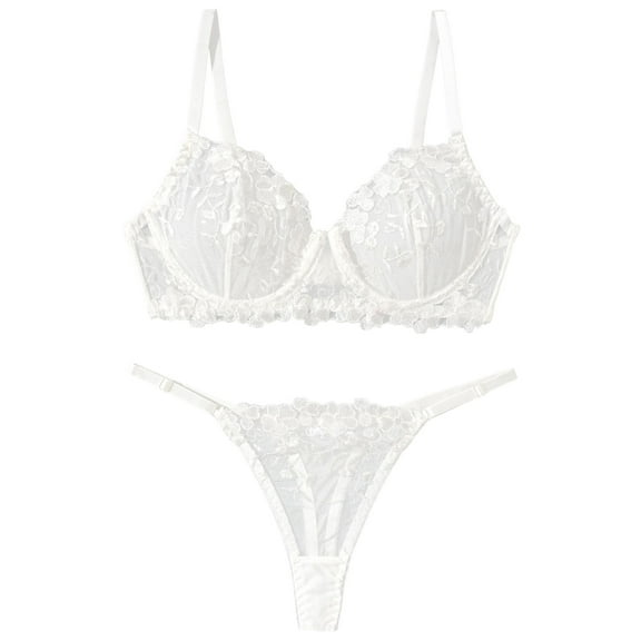 Ausing Womens Lingerie Set Lace Matching Bra Panty Underwire Push Up Adjustable Underwear White M