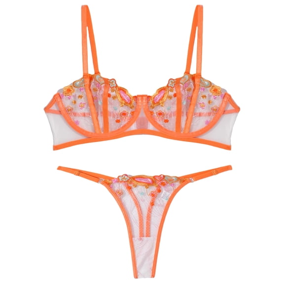 Ausing Womens Lingerie Set Lace Push Up Underwear Matching Bra and Panty Floral Embroidered Mesh Underwire 2 Piece Orange S