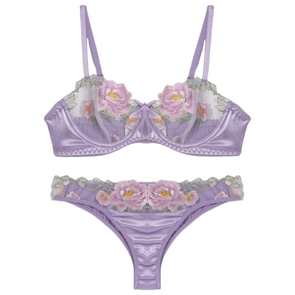 Ausing Womens Lingerie Set Lace Push Up Underwear Matching Bra and Panty Floral Embroidered Mesh Underwire 2 Piece Purple M