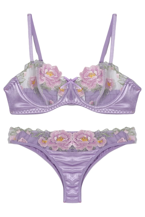 Womens Lingerie Set Lace Push Up Underwear Matching Bra and Panty Floral Embroidered Mesh Underwire 2 Piece Purple M
