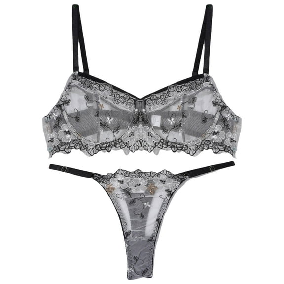 Ausing Womens Lingerie Set Lace Push Up Underwear Matching Bra and Panty Floral Embroidered Mesh Underwire 2 Piece White M