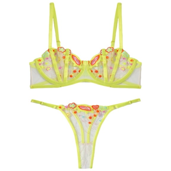 Ausing Womens Lingerie Set Lace Push Up Underwear Matching Bra and Panty Floral Embroidered Mesh Underwire 2 Piece Yellow S