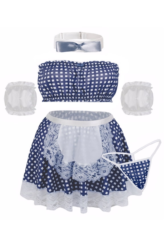 Womens Lingerie Set Maid Roleplay Mini Skirt Strapless Crop Top Lace Plaid Panties Choker Halloween Costumes Sets Babydoll Rave Party Outfits 5 Pack Blue S