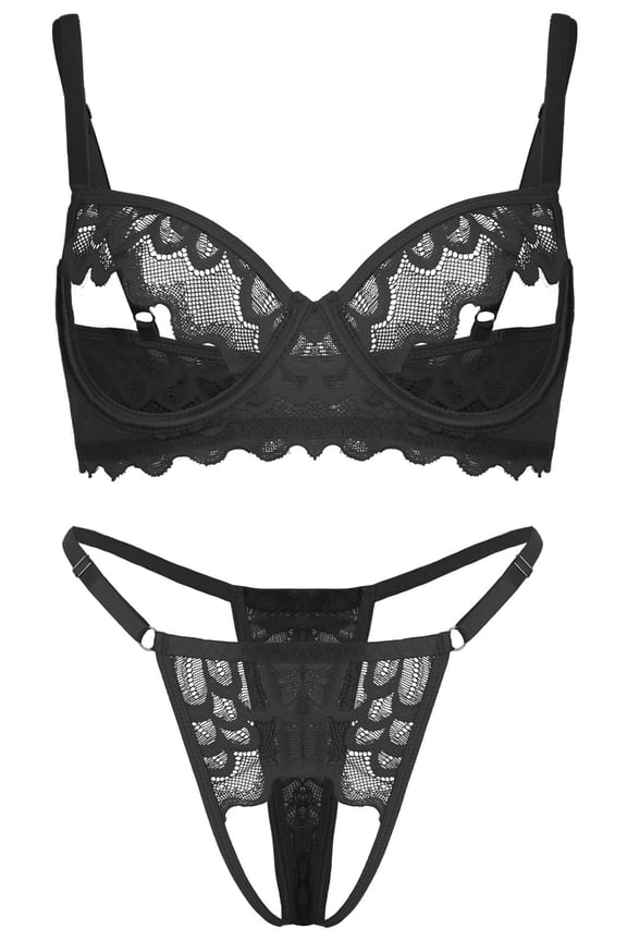 Womens Lingerie Set Matching Bra Panty Hollow Out Lace Mesh Floral Embroidery See Through Underwear Push Up Adjustable Straps Babydoll Suit 2 Piece Black M