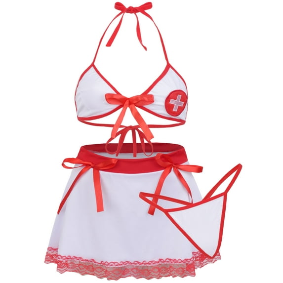 Ausing Womens Lingerie Set Nurse Role Playing Uniform Mini Skirt Halter Bow Accents with Panties Halloween Costumes Sets 3pc White L
