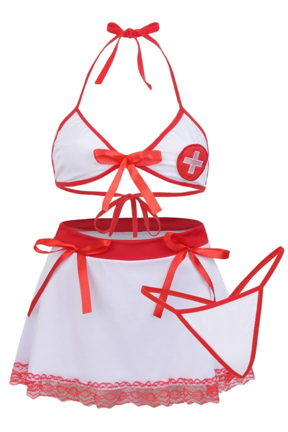 Womens Lingerie Set Nurse Role Playing Uniform Mini Skirt Halter Bow Accents with Panties Halloween Costumes Sets 3pc White M