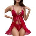 thumbnail image 1 of Ausing Womens Lingerie Set Open Front Ruffle Babydoll Dress Lace Up Mesh Wireless Nightdress See Through V Neck Chemise Nightie with Panties 2 Piece Wine Red M, 1 of 6