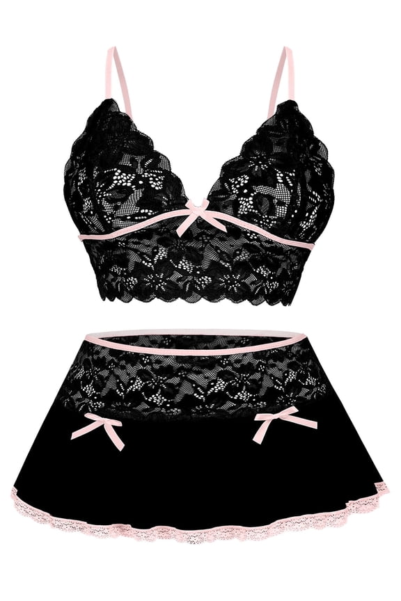 Womens Lingerie Set Sexy Floral Lace Bra Mini Skirt Babydoll Mesh Bow High Waist Outfits 2 Piece Black L for Valentine's Day Birthday Gifts