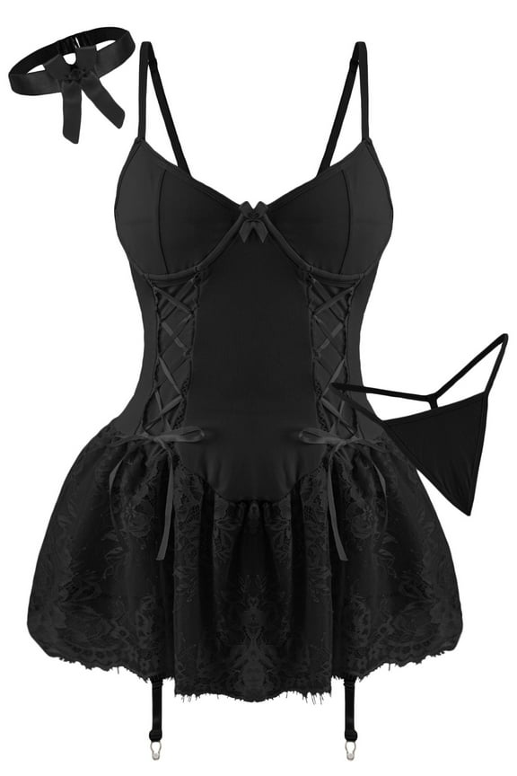 Womens Lingerie Sexy Ruffle Lace Up Babydoll Mini Dress Garter Belt Bow Tie Bodysuit with Panty Chemise Boudoir Nighty Black 2XL