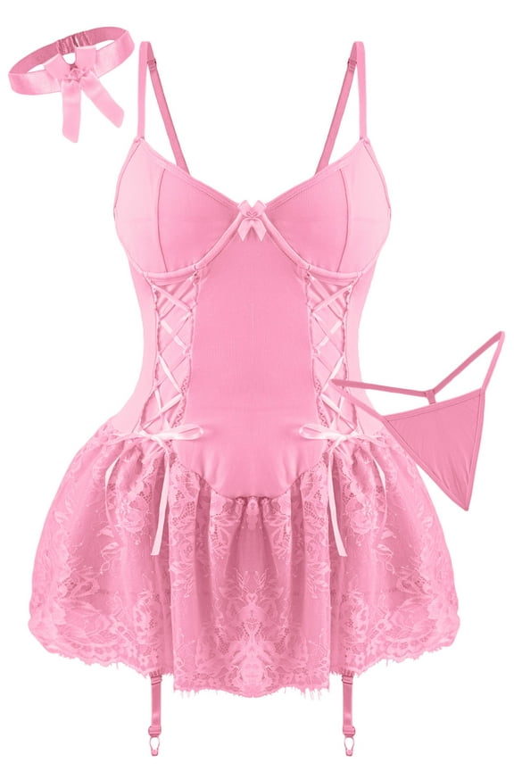 Womens Lingerie Sexy Ruffle Lace Up Babydoll Mini Dress Garter Belt Bow Tie Bodysuit with Panty Chemise Boudoir Nighty Pink S