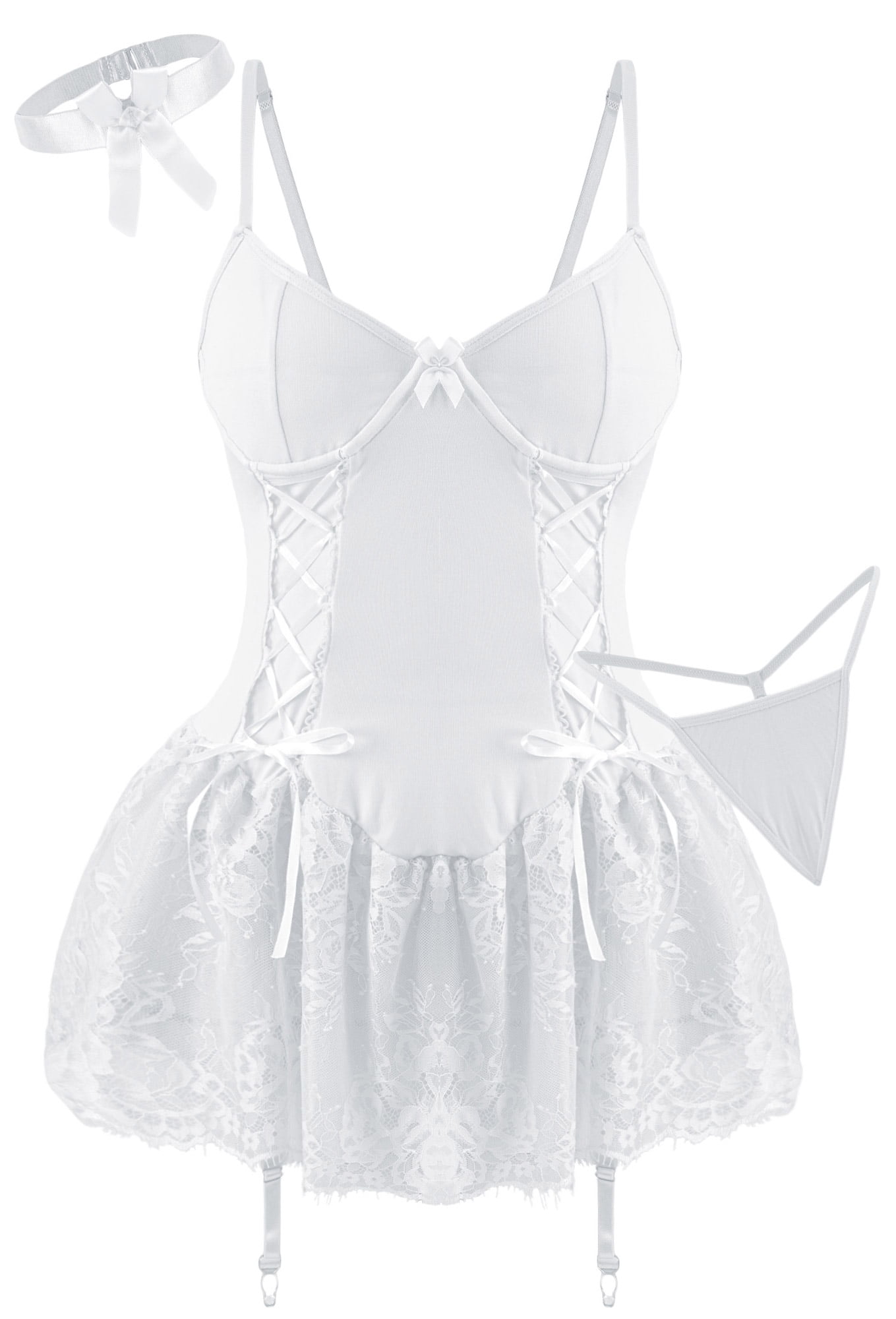 Ausing Womens Lingerie Sexy Ruffle Lace Up Babydoll Mini Dress Garter Belt Bow Tie Bodysuit with Panty Chemise Boudoir Nighty White M Ausing Womens Lingerie Sexy Ruffle Lace Up Babydoll Mini Dress Garter Belt Bow Tie Bodysuit with Panty Chemise Boudoir Nighty White M