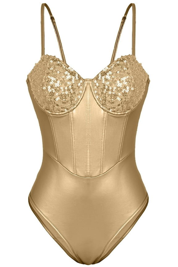 Womens Lingerie Teddy Bodysuit Sequin Boned Snap Crotch One Piece Babydoll Push Up Jumpsuit Corset Tops Nightout Gold S