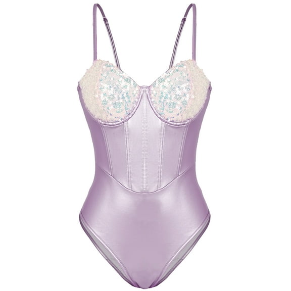 Ausing Womens Lingerie Teddy Bodysuit Sequin Boned Snap Crotch One Piece Babydoll Push Up Jumpsuit Corset Tops Nightout Purple M