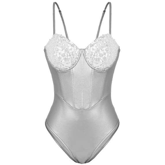 Ausing Womens Lingerie Teddy Bodysuit Sequin Boned Snap Crotch One Piece Babydoll Push Up Jumpsuit Corset Tops Nightout Silver XS