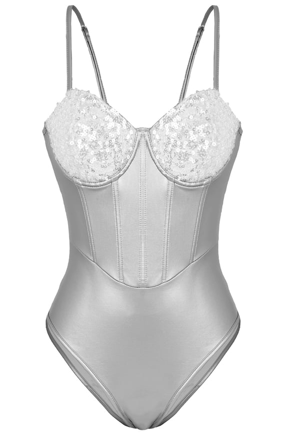 Womens Lingerie Teddy Bodysuit Sequin Boned Snap Crotch One Piece Babydoll Push Up Jumpsuit Tops Nightout Silver XS