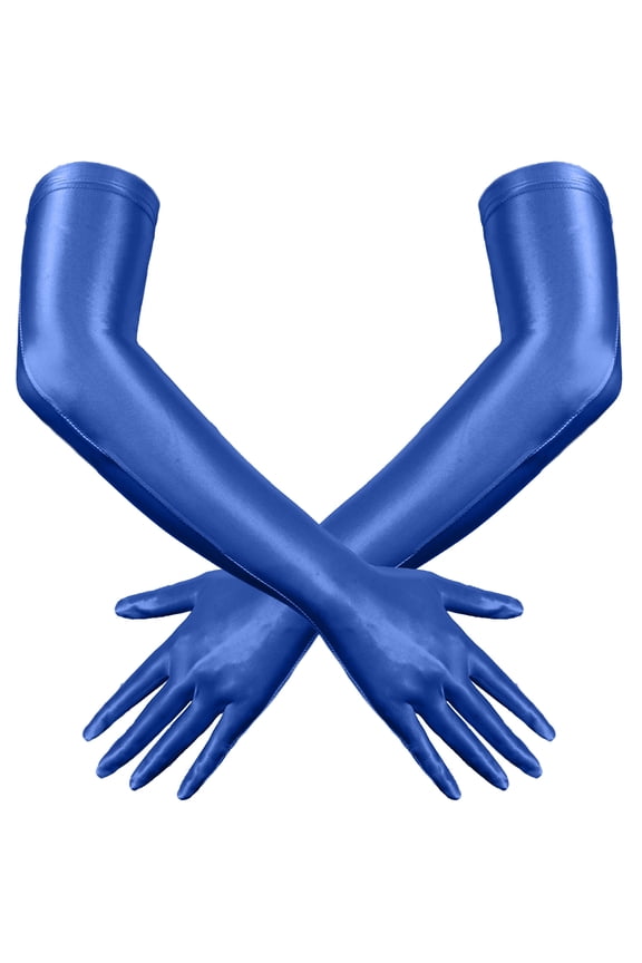 Womens Long Gloves Oil Glossy Stretchy Elbow Length Wet Look Club Outfits Accessory for Evening Party Opera Royal Blue M