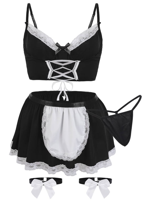 Womens Maid Lingerie Set Halloween Roleplay Costumes Mini Skirt Lace Up Crop Tank Top with Panties 5pc Black L