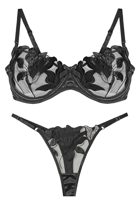 Womens Matching Underwear and Bra Lace Mesh Bralettes Set Breathable V Neck Push Up Strappy Floral Embroidered Underwear 2 Piece Black L