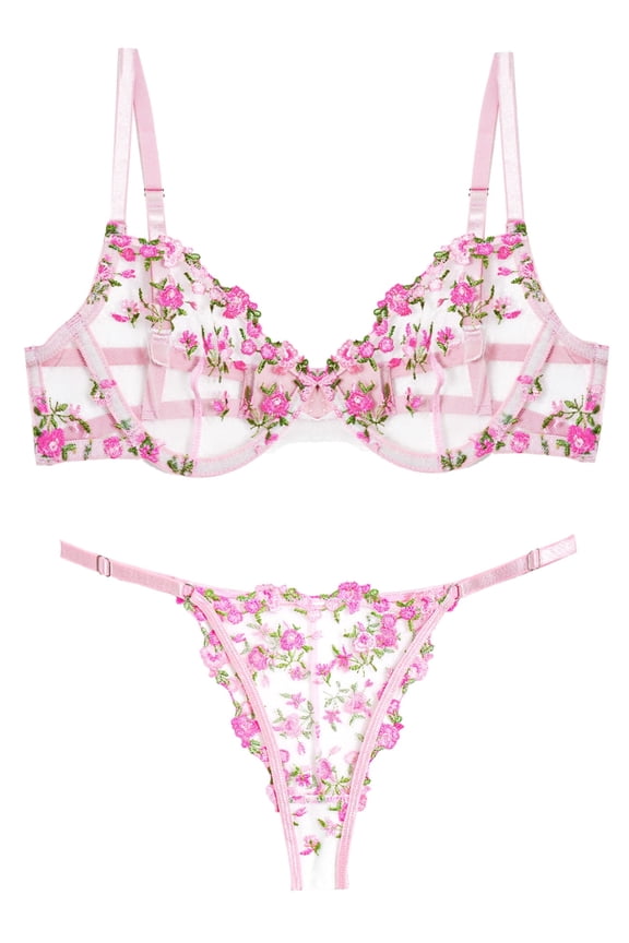 Womens Matching Underwear and Bra Lace Mesh Bralettes Set Breathable V Neck Push Up Strappy Floral Embroidered Underwear 2 Piece Pink L