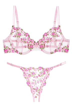 Womens Matching Underwear and Bra Lace Mesh Bralettes Set Breathable V Neck Push Up Strappy Floral Embroidered Underwear 2 Piece Pink L