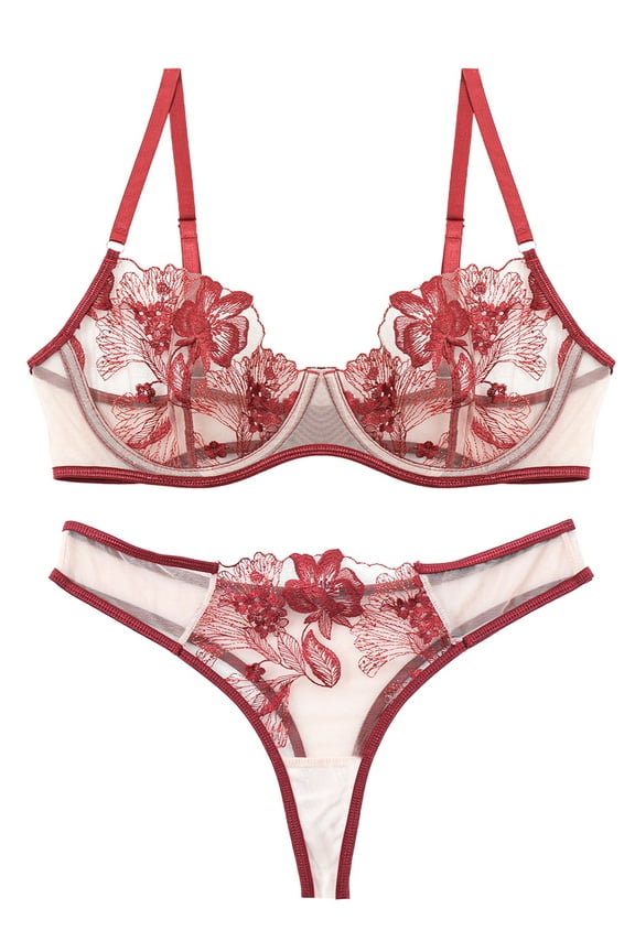 Womens Matching Underwear and Bra Lace Mesh Bralettes Set Breathable V Neck Push Up Strappy Floral Embroidered Underwear 2 Piece Red L