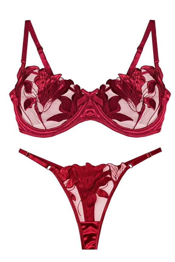 Womens Matching Underwear and Bra Lace Mesh Bralettes Set Breathable V Neck Push Up Strappy Floral Embroidered Underwear 2 Piece Red L