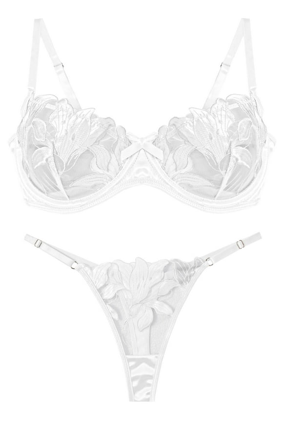 Womens Matching Underwear and Bra Lace Mesh Bralettes Set Breathable V Neck Push Up Strappy Floral Embroidered Underwear 2 Piece White L