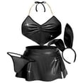 thumbnail image 1 of Ausing Womens Mini Skirt PU Leather Bra Top Glossy Metallic Triangle Bikini Shiny Rave Outfits Bunny Costume Halter Crop with G-String Ears Headband 4pc Black M, 1 of 7