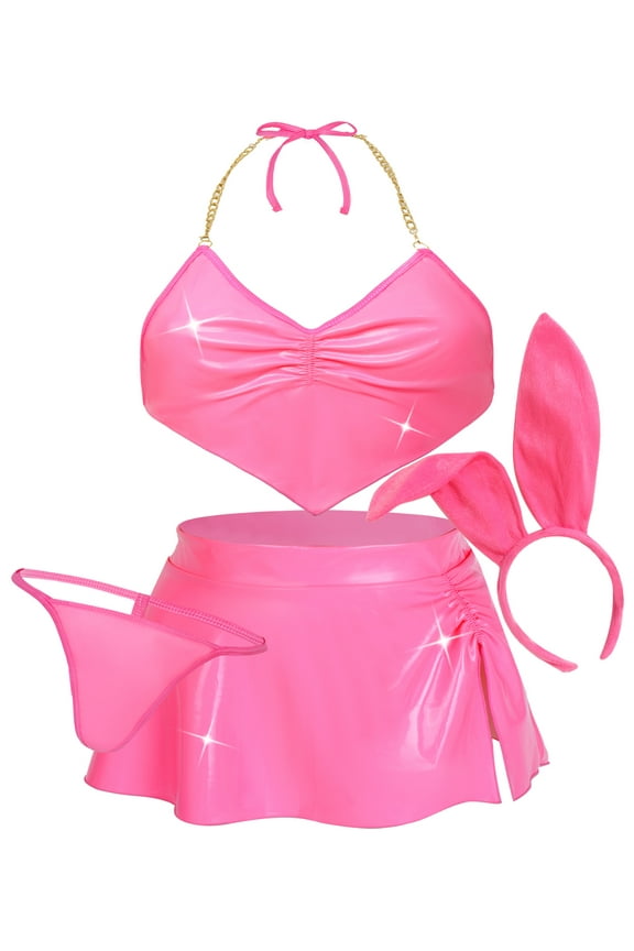 Womens Mini Skirt PU Leather Bra Top Glossy Metallic Triangle Bikini Shiny Rave Outfits Bunny Costume Halter Crop with G-String Ears Headband 4pc Pink M