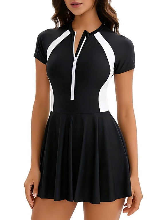 Womens One Piece Swimsuit Zipper Bathing Suit Skirt with Short Color Blocked Swimwear Beach Sun Protection Black + White L