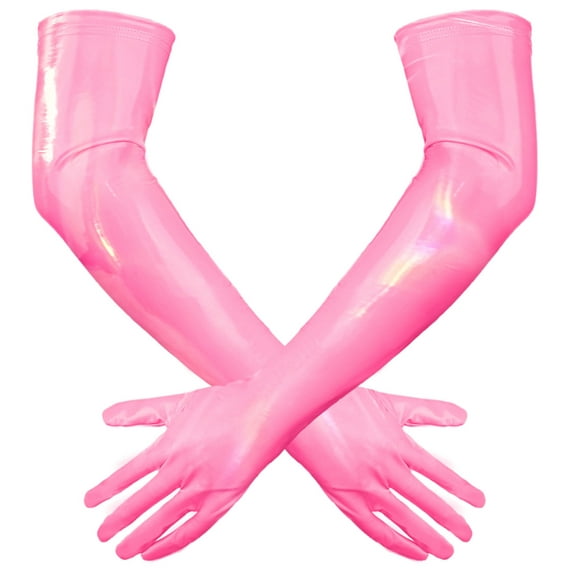 Ausing Womens PU Leather Gloves Shiny Metallic Wet Look Elbow Length Club Outfits Accessory for Party Opera Fuchsia S