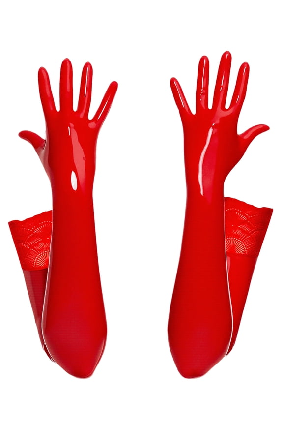 Womens PU Leather Gloves Shiny Metallic Wet Look Elbow Length Lace Trim Club Outfits Accessory for Party Opera Red M