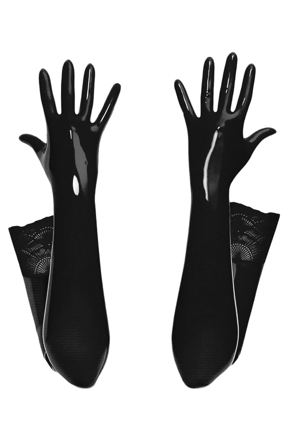 Womens Shiny Metallic Gloves PU Leather Elbow Length Lace Trim Wet Look Club Outfits Accessory for Party Opera Black L-XL