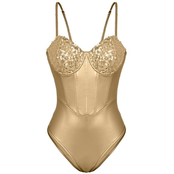 Ausing Womens Teddy Bodysuit Sequin Boned Snap Crotch Lingerie One Piece Babydoll Push Up Jumpsuit Corset Tops Nightout Gold XS