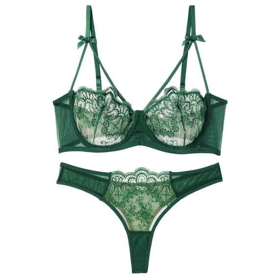 Ausing Floral Lace Lingerie Set Women Sheer Mesh Push-Up Bra Adjustable Ladies Embroidered Bra Panties Two Piece Matching Underwear and Bra XL Green