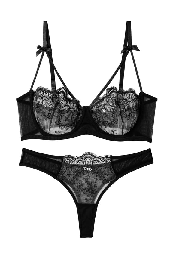  Womens Sexy Lingerie Set Floral Lace Ladies Sheer Mesh Embroidered Bra Panty Sets Two Piece Matching Push-Up Bra and Underwear S Black